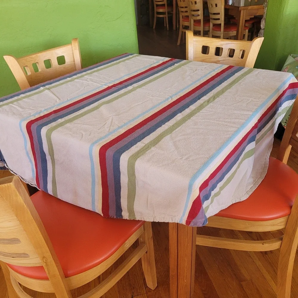 58x67 Beige Oval Striped Red Blue Green Tablecloth Cotton Southwest Western